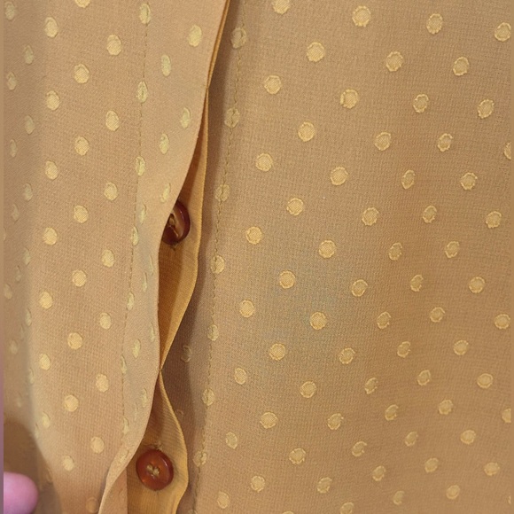 Chicos Mustard Yellow/ Swiss Dot/ Blouse w/ sheer sleeves and neck tie. Size 1 - Picture 6 of 7